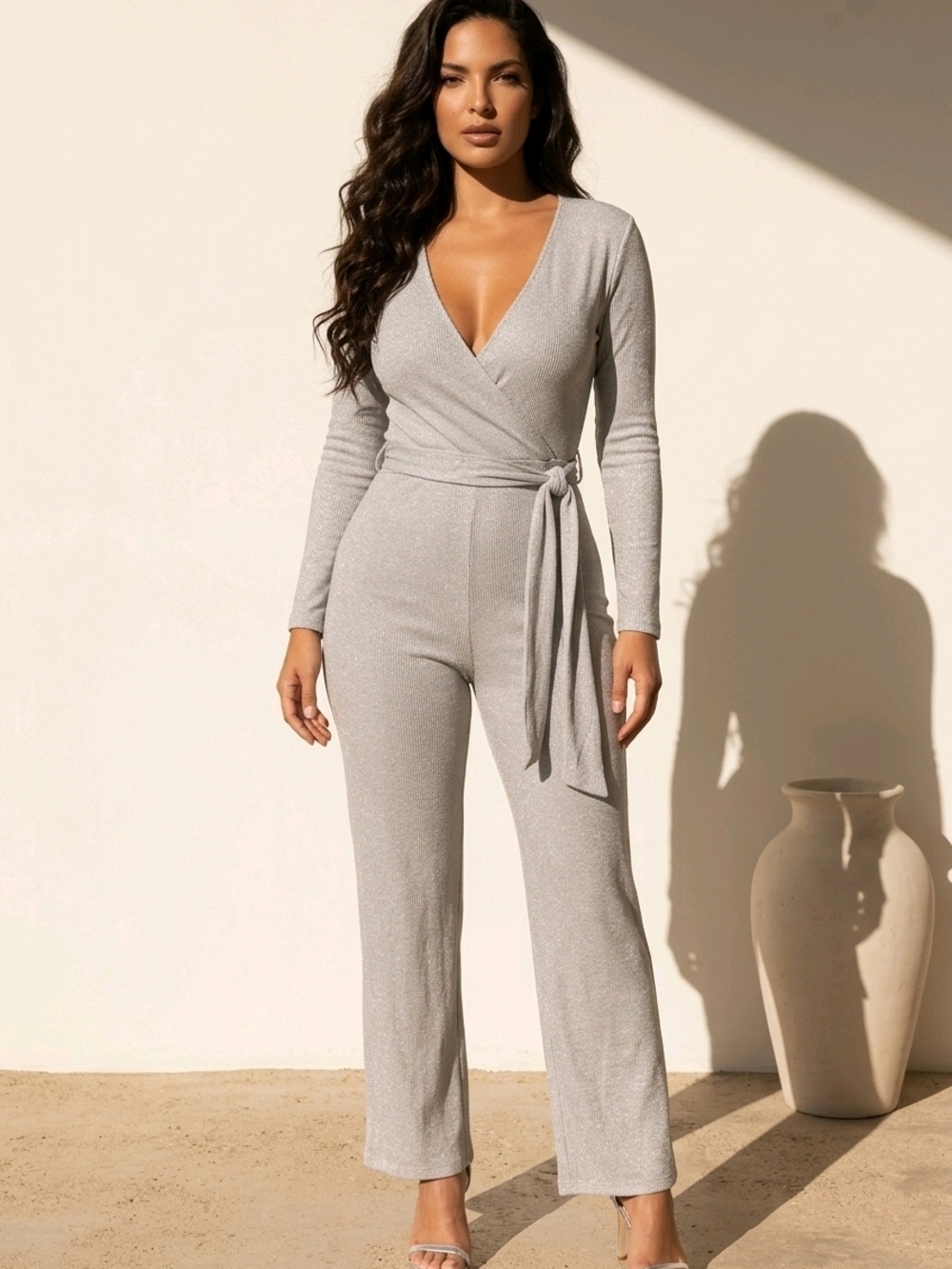 Express Light Gray Supersoft Wrap-Front Long Sleeve Jumpsuit